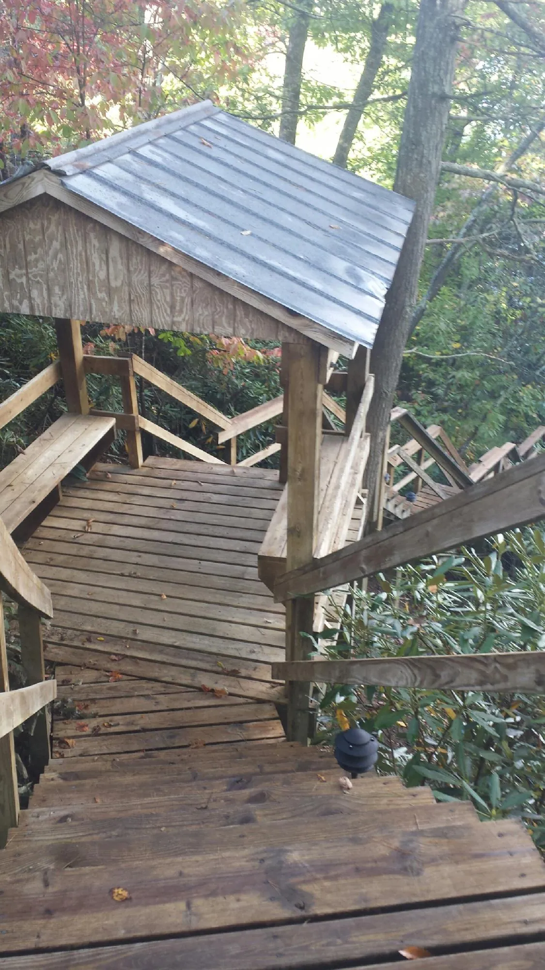 Metal roofed shelter over wooden steps on a wooded walkway — Skylight Repair & Installation work by our crew in New Glarus